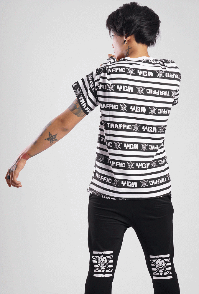 YGN TRAFFIC  Word Logo Design Stripe Tshirt(White)